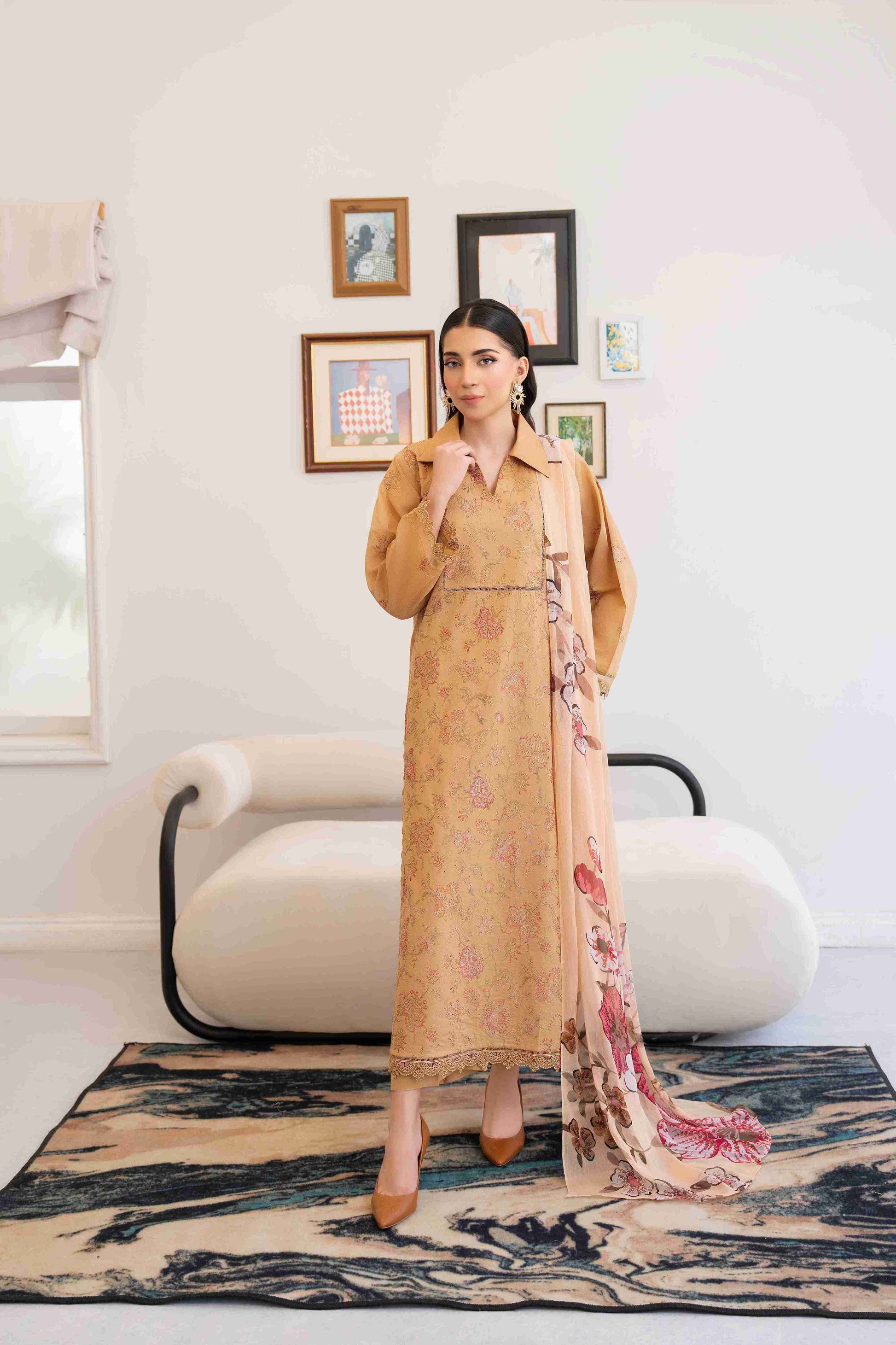  Designer embroidered lawn shirt with chiffon dupatta and cotton trouser best for festive wear