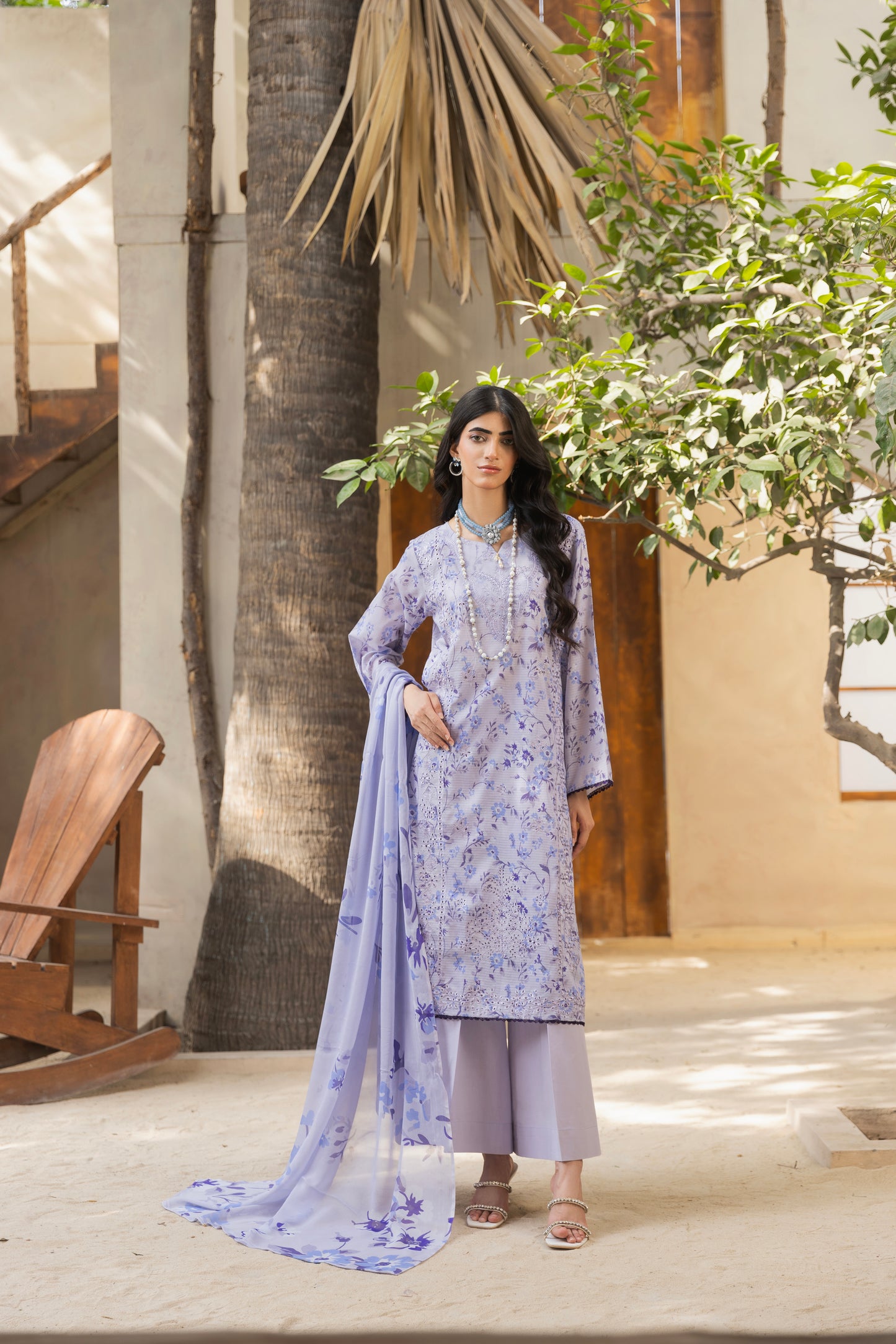 Digitally printed embroidered lawn shirt with chiffon dupatta and plain trouser
