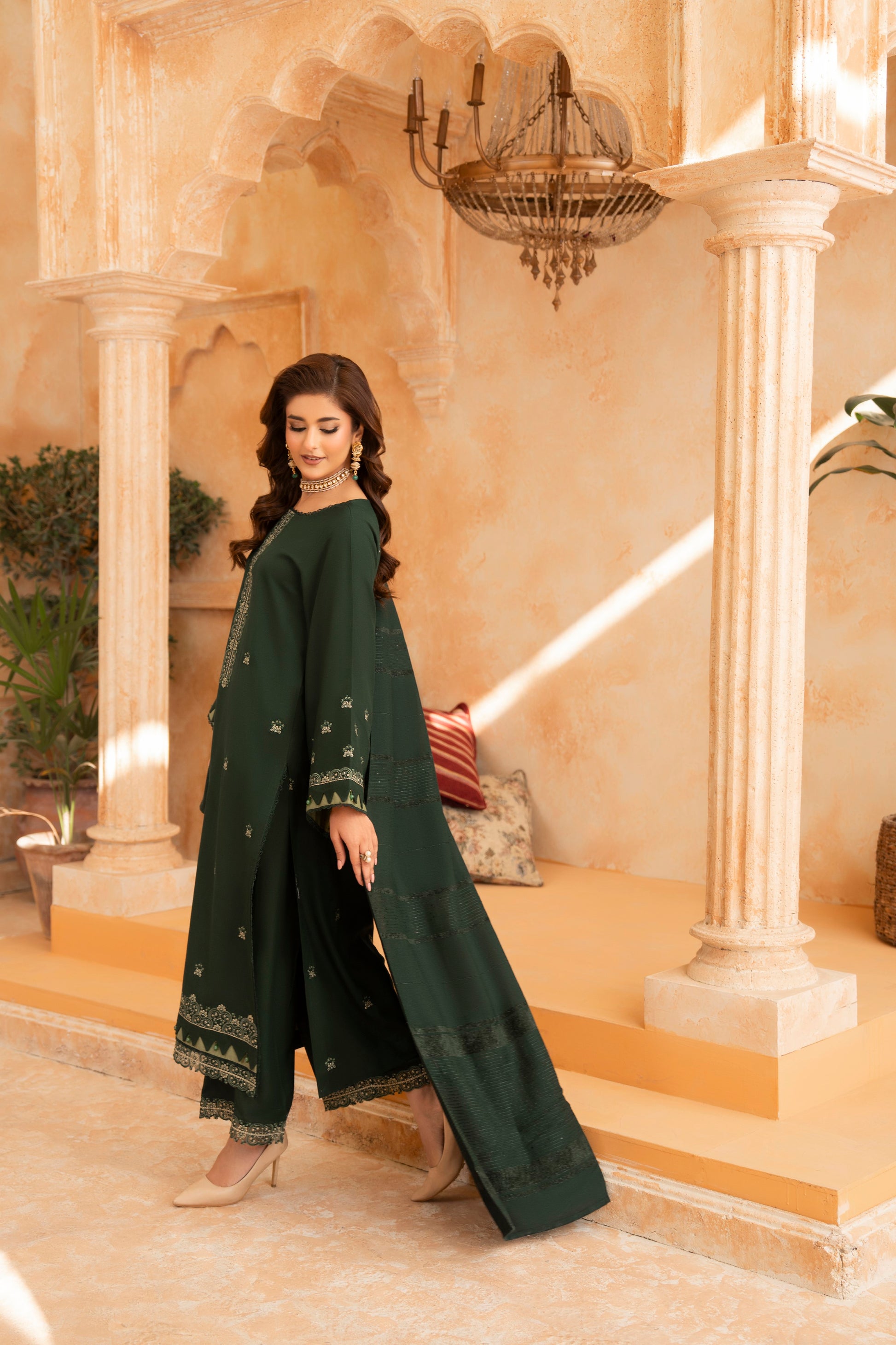 Fashionable Woolen Shawl Set; Dhanak embroidered 3-PC suit, a graceful winter dress for women's formal occasions