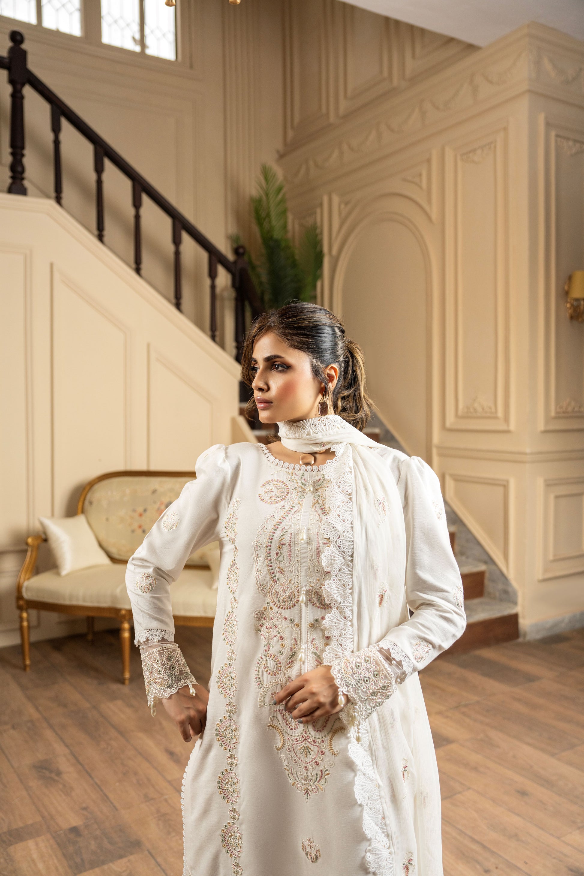 Karandi fabric embroidered shirt with matching dupatta for festive functions
