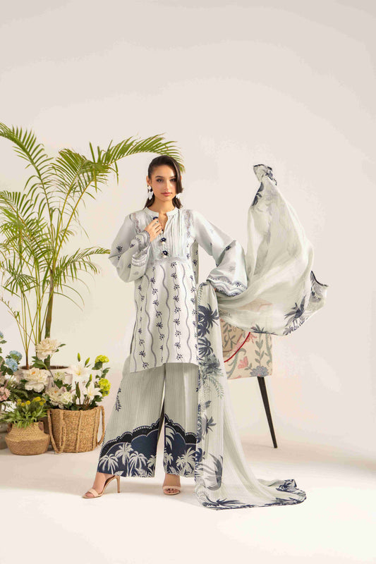  Festive embroidered lawn shirt styled with chiffon dupatta and plain cotton trouser.