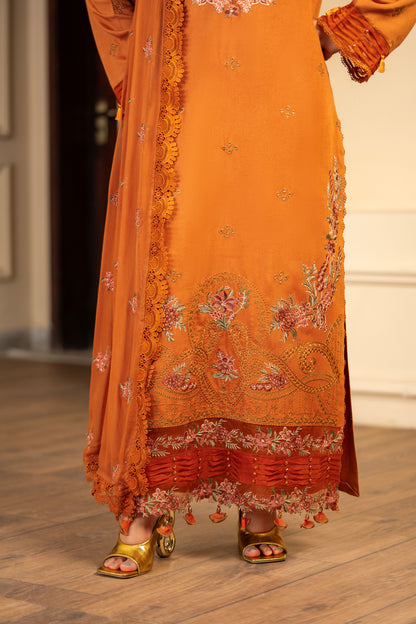 Stylish embroidered karandi fabric outfit with matching dupatta