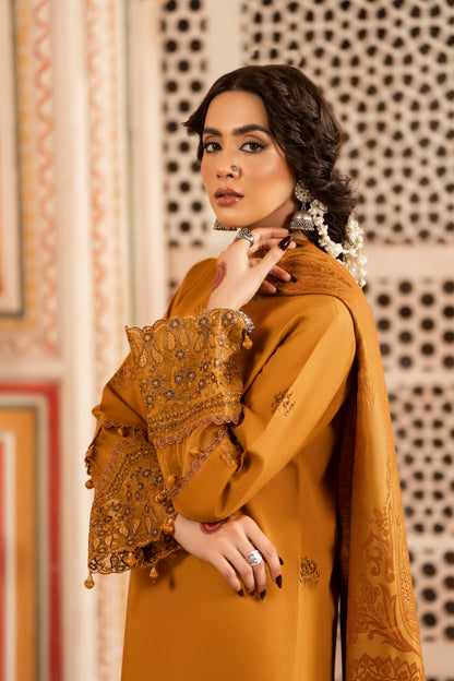 Eastern-style embroidered Dhanak shirt combined with warm woolen shawl and trouser for winter celebrations.