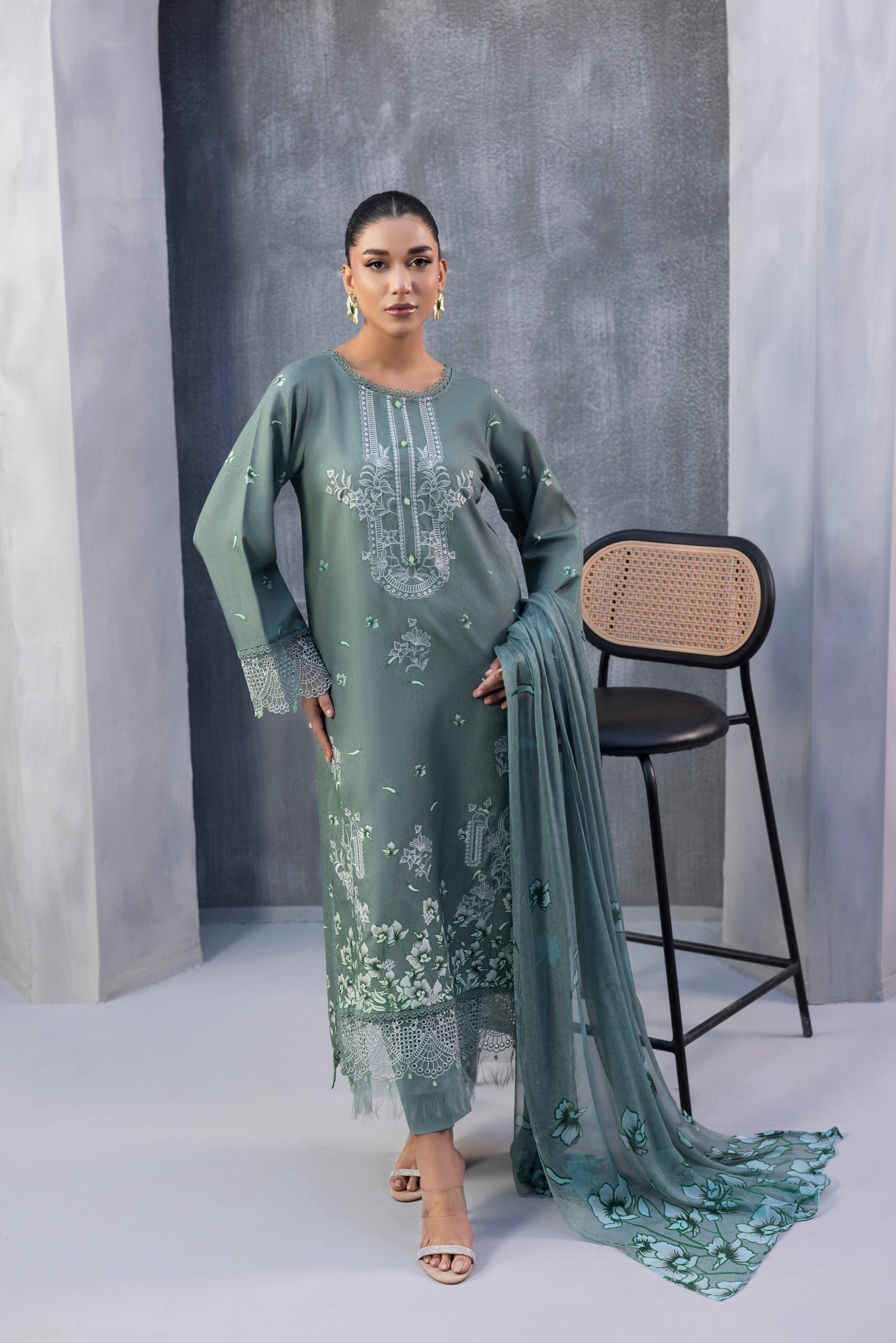 Intricate embroidered Karandi outfit with floral chiffon dupatta and plain trouser