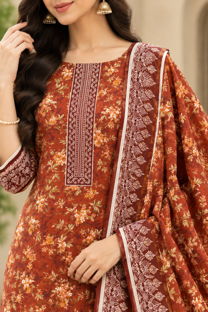 Floral linen dress suitable for casual outings with a stylish border dupatta
