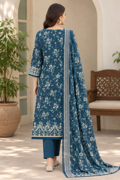 Floral linen outfit suitable for family events with a bordered dupatta and plain trousers
