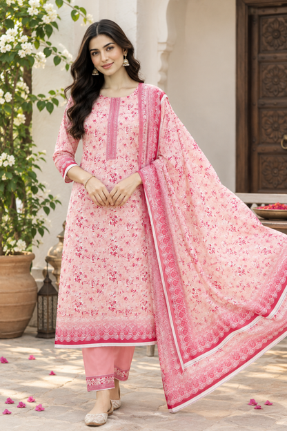 Women's floral linen outfit paired with a border dupatta and simple dyed trousers