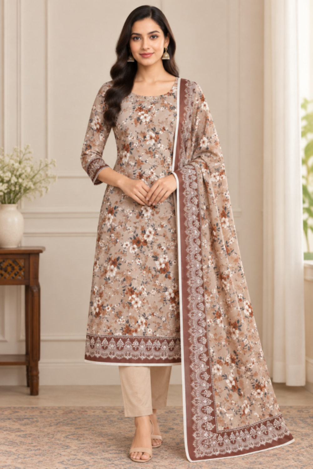 Elegant linen suit for women with a floral printed shirt and border dupatta