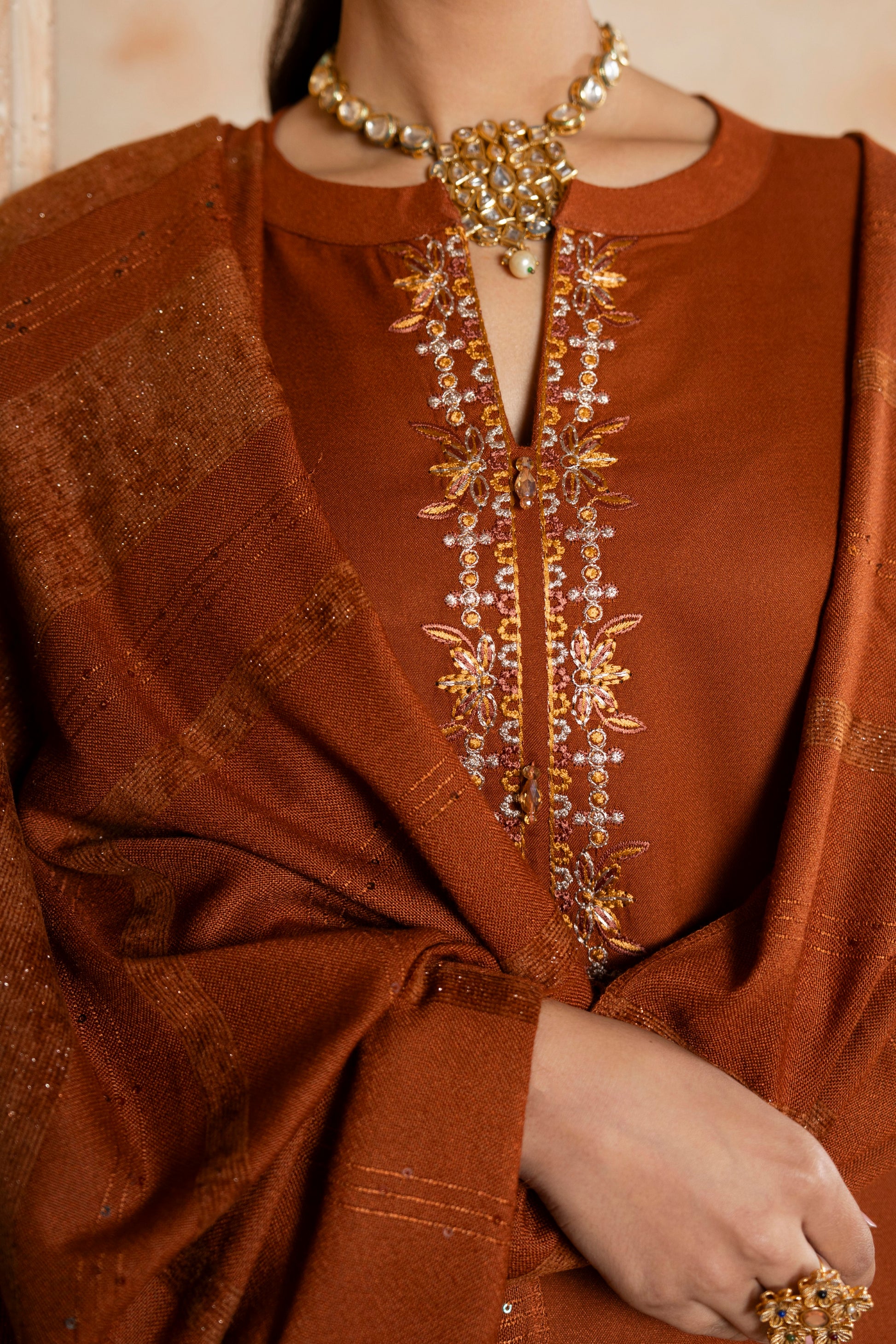 Floral Pakistani Dhanak Woolen Suit, 3-PC set inspired by wedding fashion, offering traditional charm and modern warmth