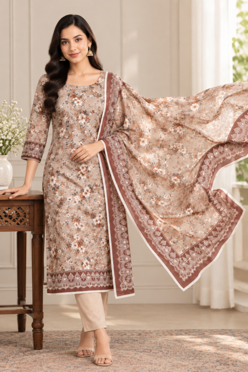 Floral print linen outfit designed with a matching border detailed dupatta