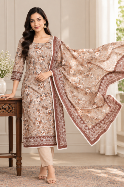 Floral print linen outfit designed with a matching border detailed dupatta