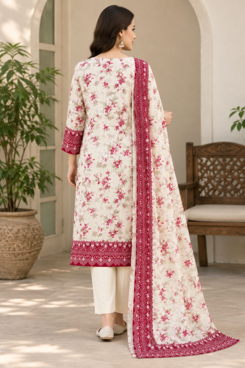 Floral printed linen suit with a bordered dupatta and clean dyed trouser design