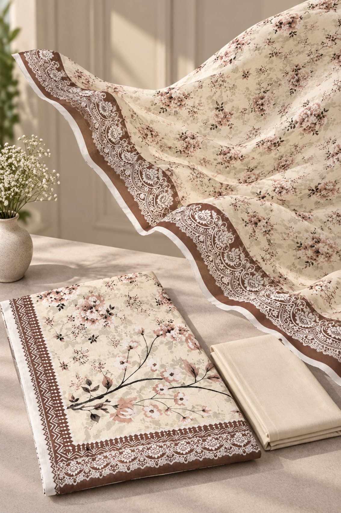 Linen suit showcasing a charming floral shirt paired with a border finished dupatta