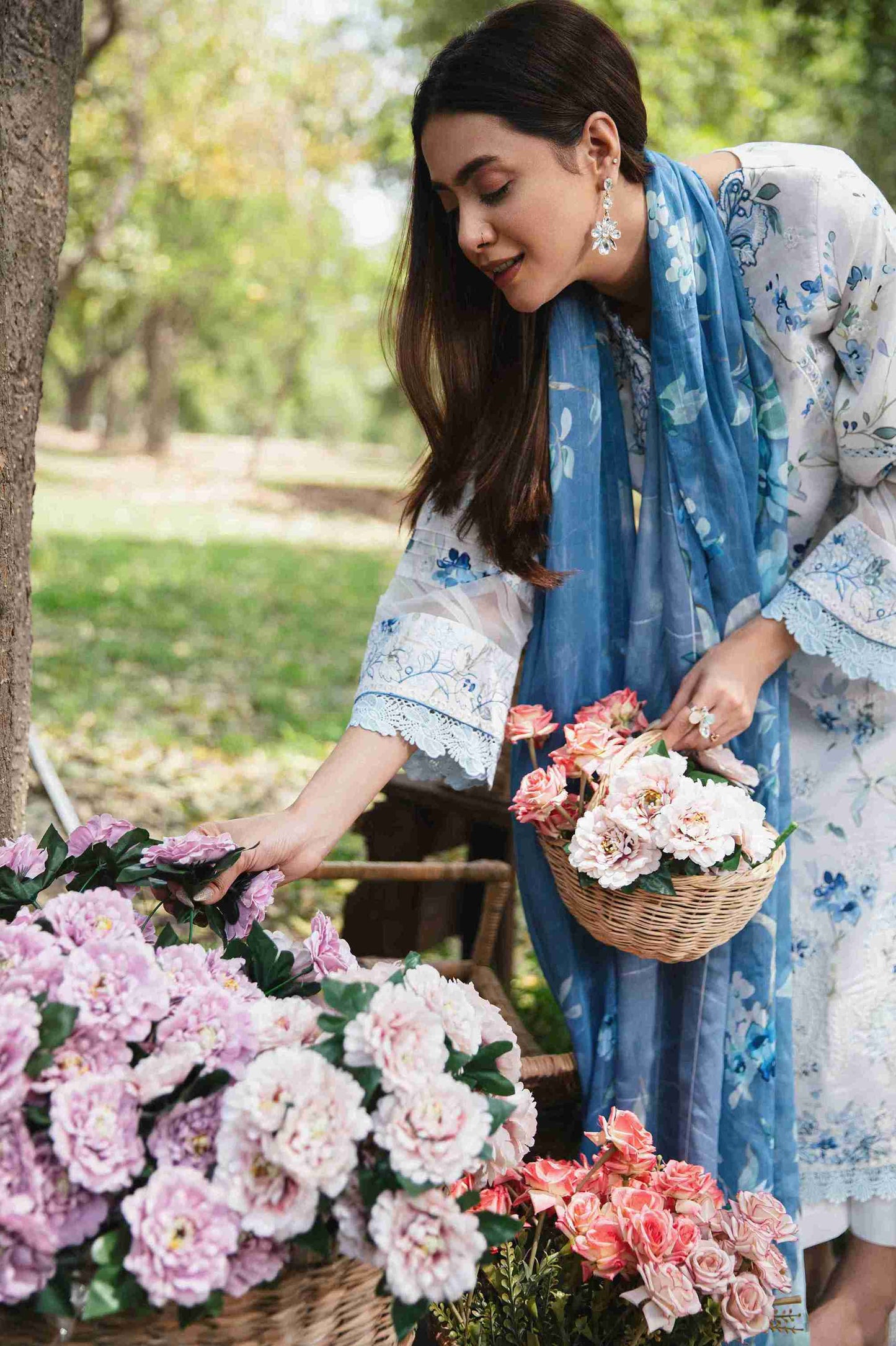 Embroidered lawn dress with chiffon dupatta and plain dyed cotton trouser