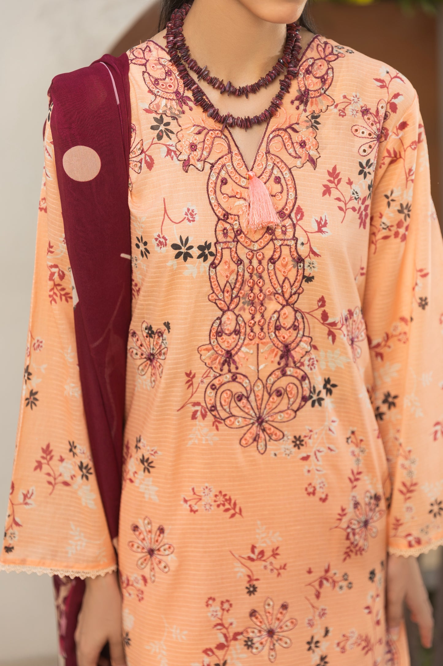 Embroidered self-check lawn shirt, chiffon dupatta, and trouser for women’s wear
