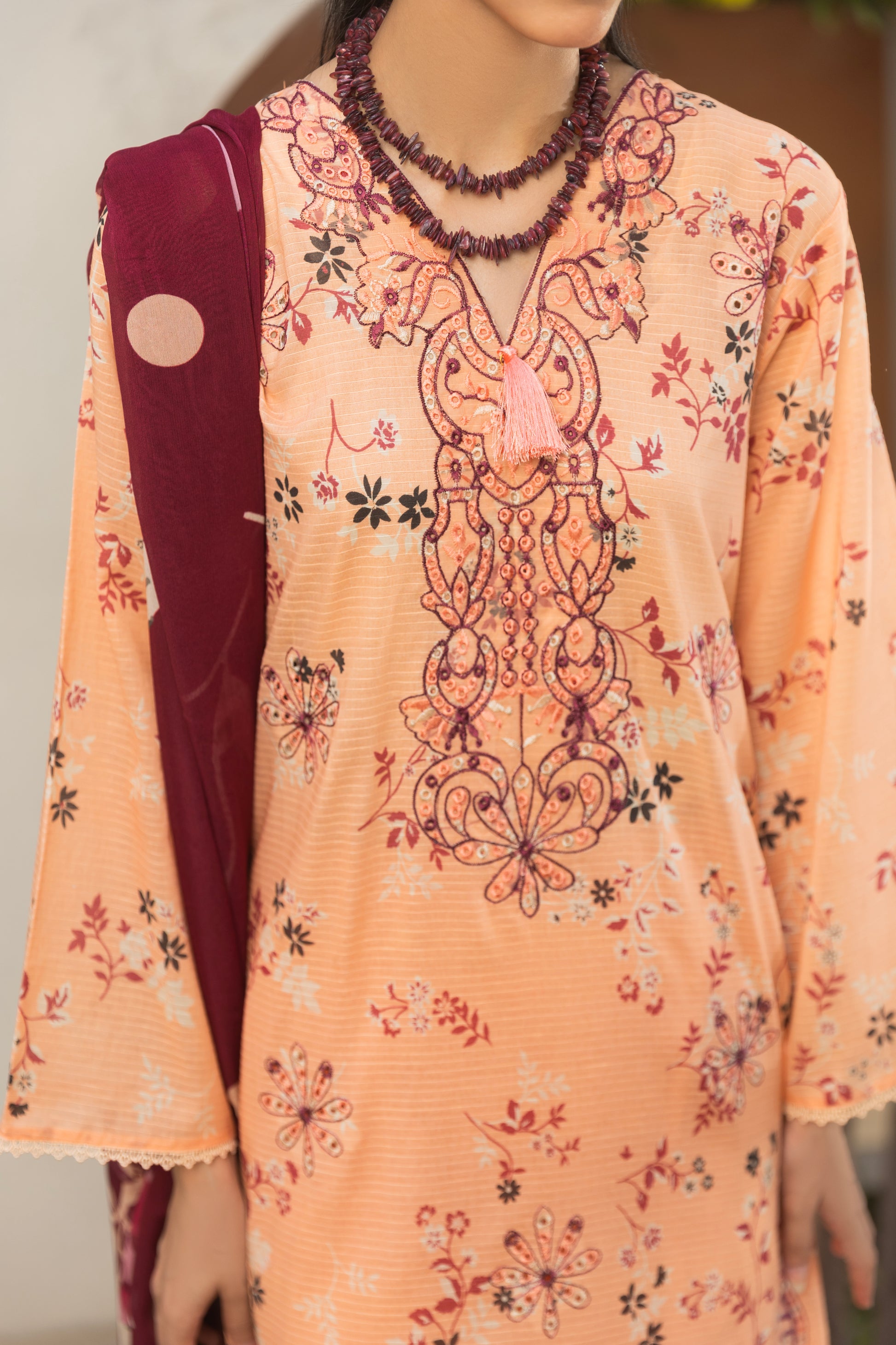 Embroidered self-check lawn shirt, chiffon dupatta, and trouser for women’s wear