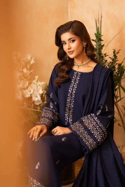 Formal Pakistani Dhanak Suit; 3-PC woolen set, ideal for graduations and formal events, with a classy plain trouser