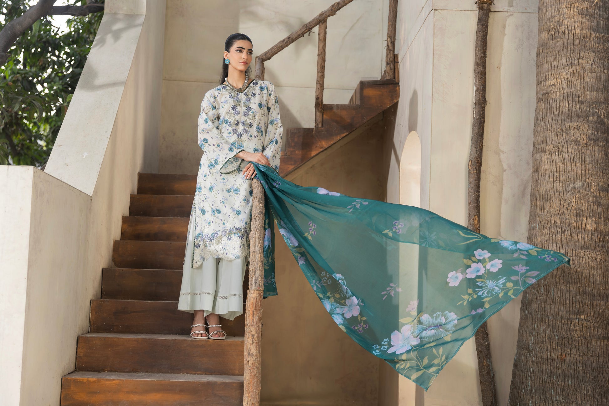 Self-check embroidered lawn shirt, chiffon dupatta, and trouser for women’s eastern wear