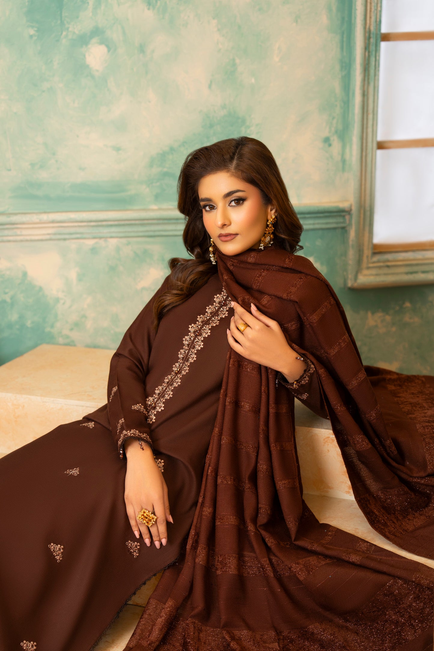 Formal Winter Wear Dhanak; 3-PC embroidered woolen suit, ideal for formal events, offering warmth and an elegant touch