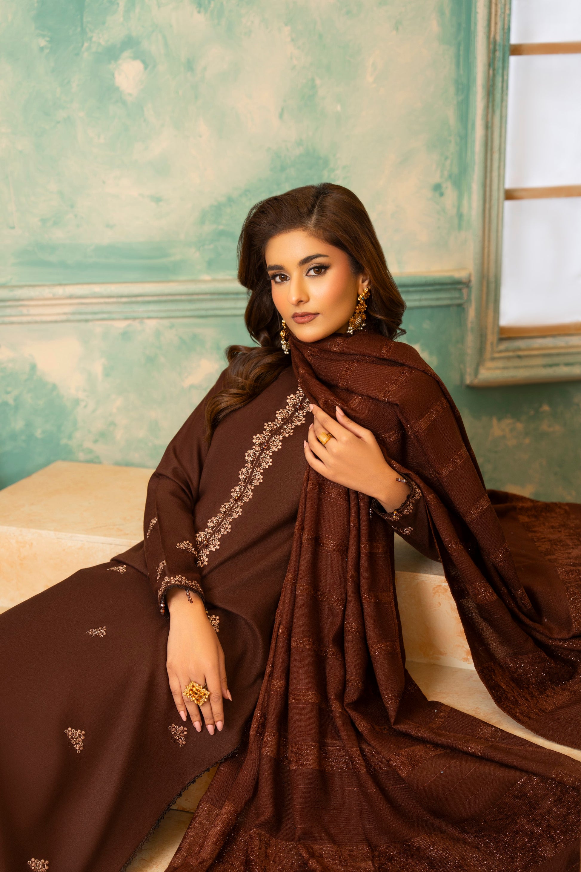 Formal Winter Wear Dhanak; 3-PC embroidered woolen suit, ideal for formal events, offering warmth and an elegant touch