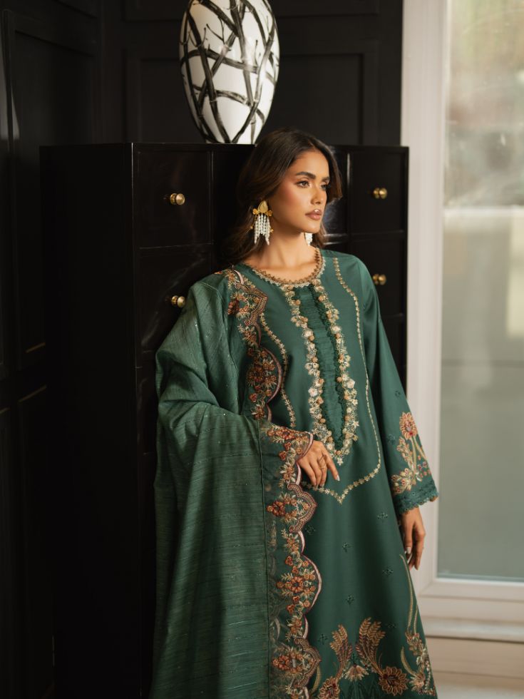 Fresh green embroidered shirt with motifs and stylish cotton dupatta for modern look