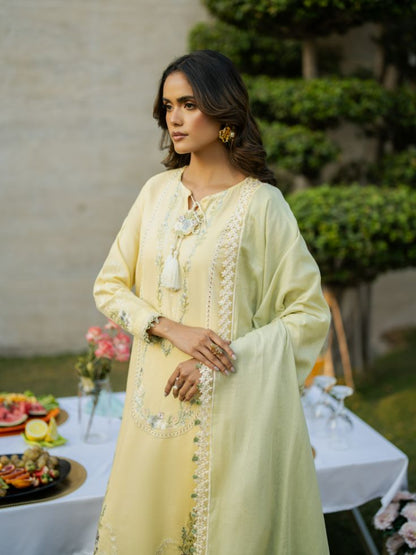  Summer lawn suit in fresh yellow shade with embroidered shirt and cotton dupatta