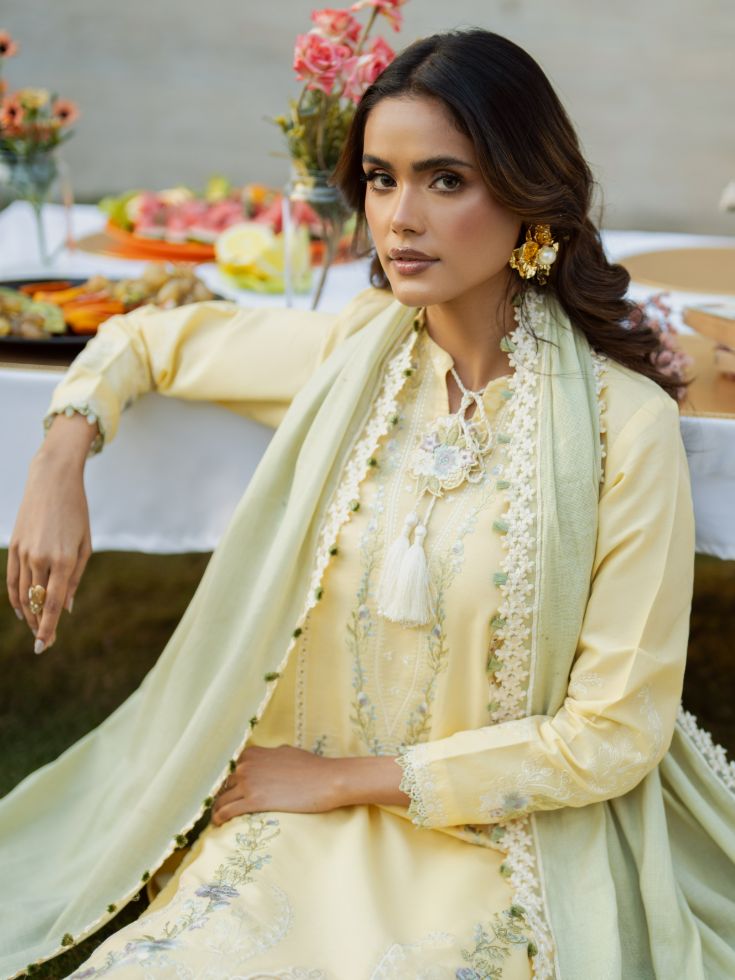 Fresh yellow summer lawn suit with embroidered shirt and trendy cotton lawn dupatta