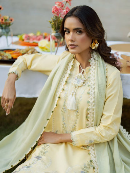 Fresh yellow summer lawn suit with embroidered shirt and trendy cotton lawn dupatta