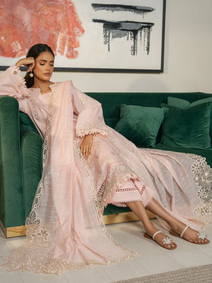 cream color embroidered eastern lawn dress with motifs, patch, and cotton dupatta