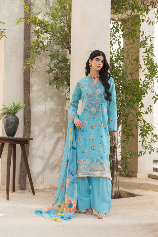 Embroidered self-check lawn shirt with chiffon dupatta and plain trouser for stylish everyday wear