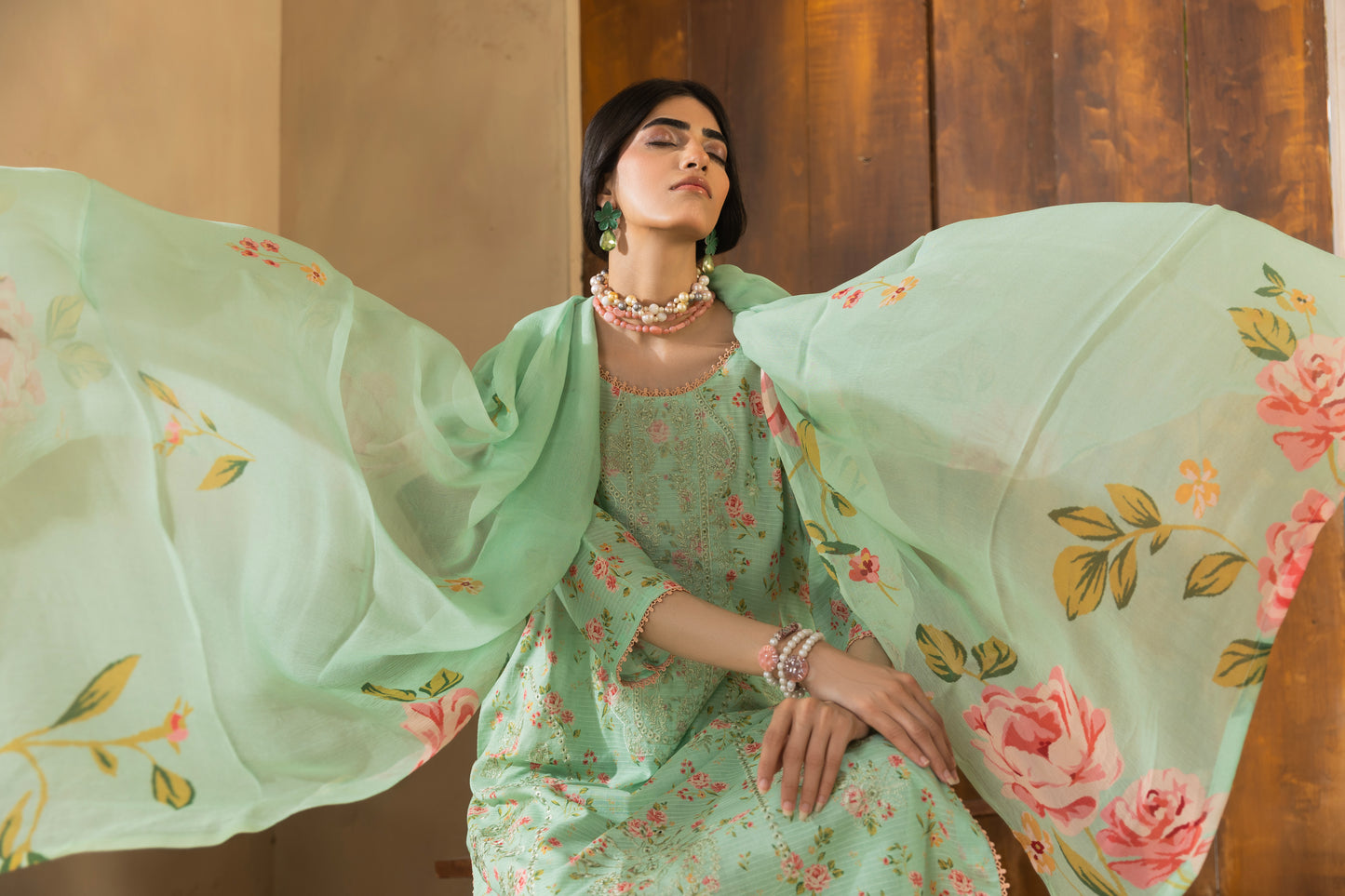 Embroidered lawn shirt, chiffon dupatta, and cotton trouser for formal women’s wear