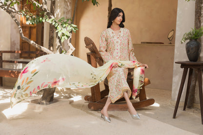 Embroidered lawn shirt with chiffon dupatta and plain cotton trouser