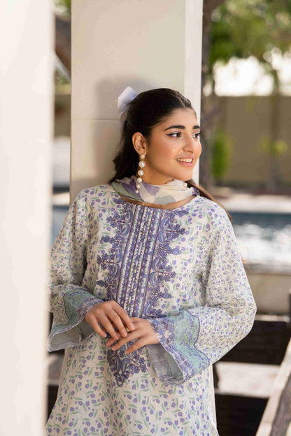 Soft pastel lawn kurta with detailed neckline embroidery, chiffon dupatta, and breathable cotton trouser