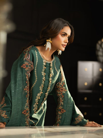 Green kurta-style lawn suit featuring embroidery, motifs, and cotton embroidered dupatta