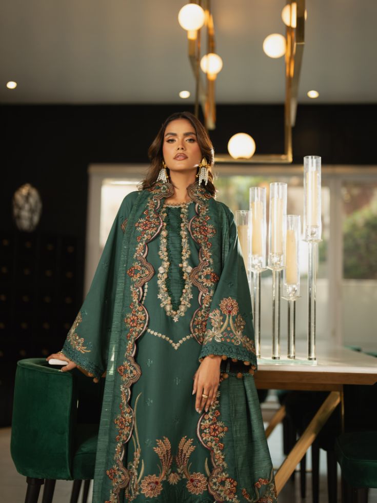 Green stitched summer suit with embroidered shirt, organza patch, and cotton dupatta