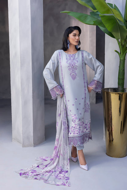 Warm embroidered Karandi suit with chiffon dupatta