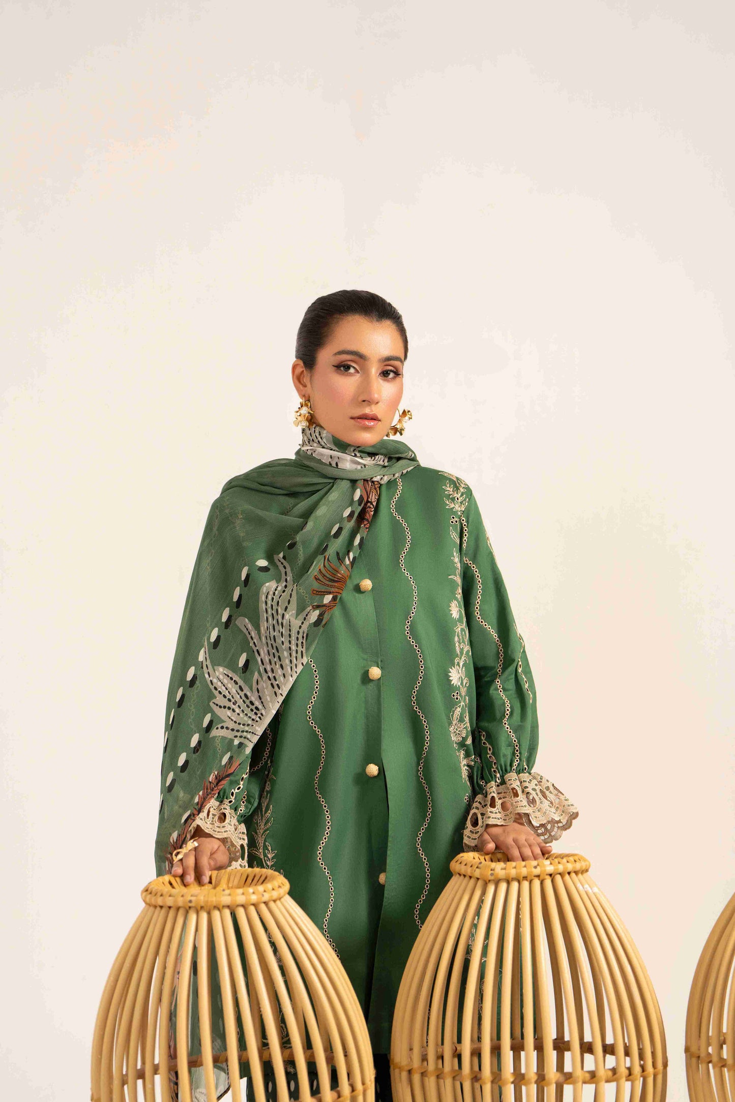 Elegant embroidered lawn shirt styled with chiffon dupatta and comfortable trouser