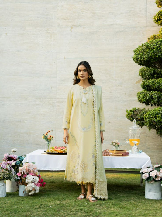 Yellow stitched lawn suit with embroidered shirt, cotton dupatta, and plain back