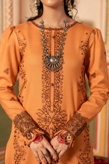 Party-ready embroidered Dhanak winter dress with elegant wool shawl.