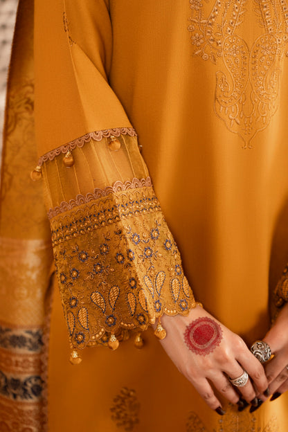 Elegant 3PC unstitched set featuring a jacquard wool shawl paired with embroidered Dhanak shirt and trouser.