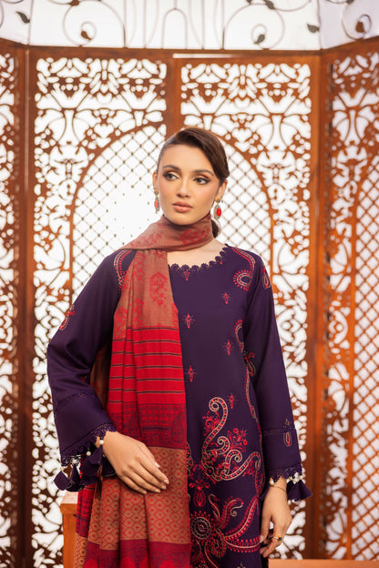 Winter three-piece with embroidered Dhanak and patterned Jacquard shawl