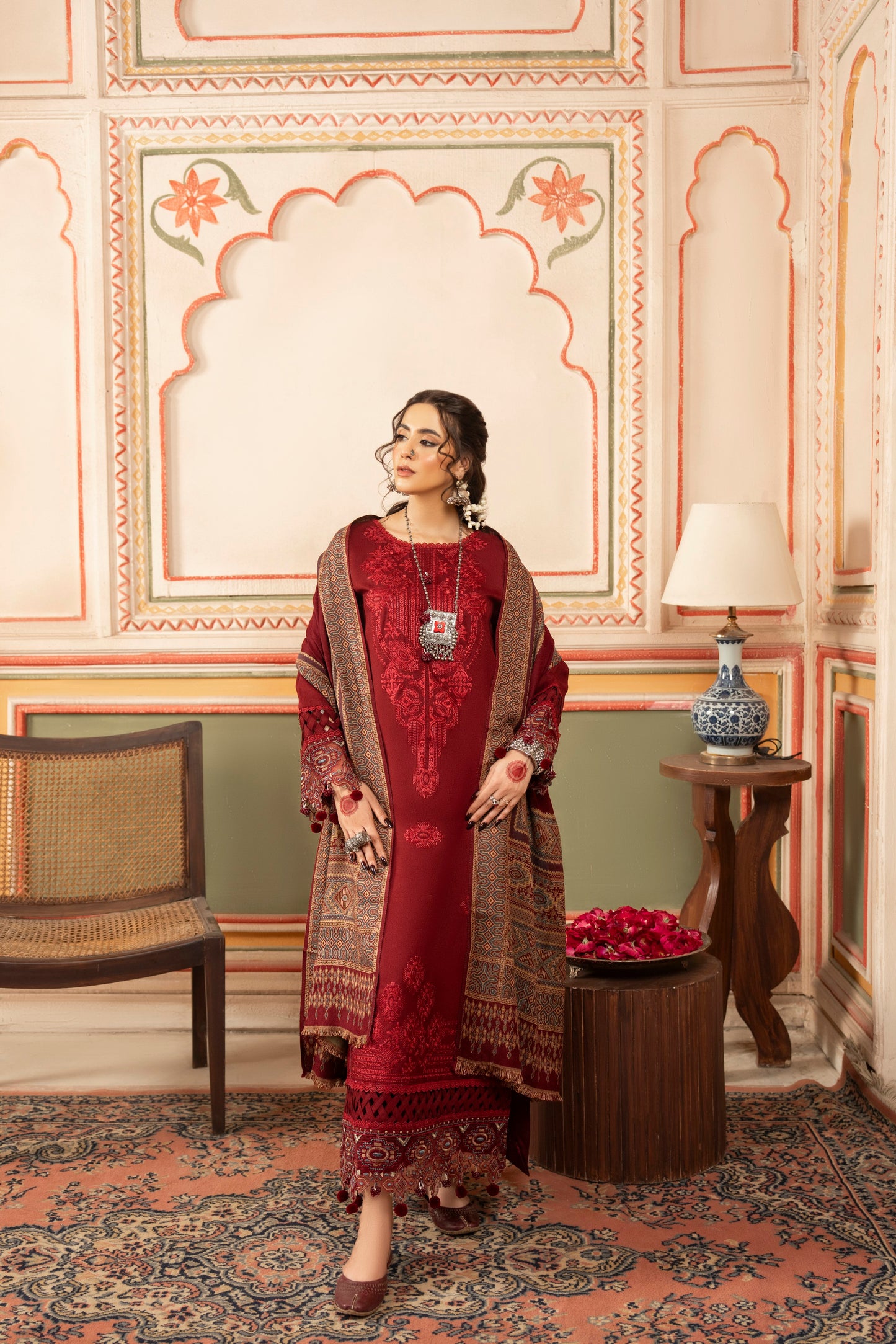 Luxurious winter outfit with an embroidered Dhanak shirt, soft jacquard wool shawl, and plain trouser for refined eastern wear