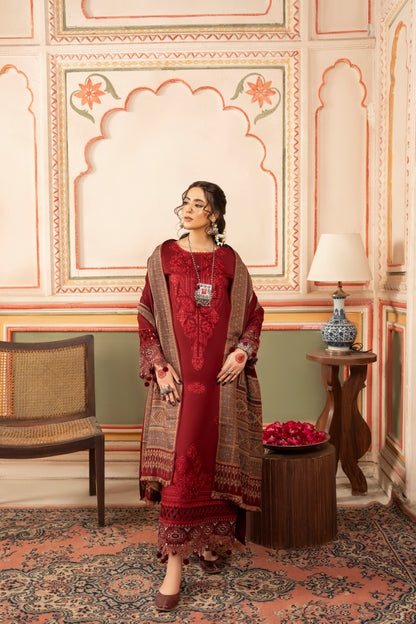 Luxurious winter outfit with an embroidered Dhanak shirt, soft jacquard wool shawl, and plain trouser for refined eastern wear