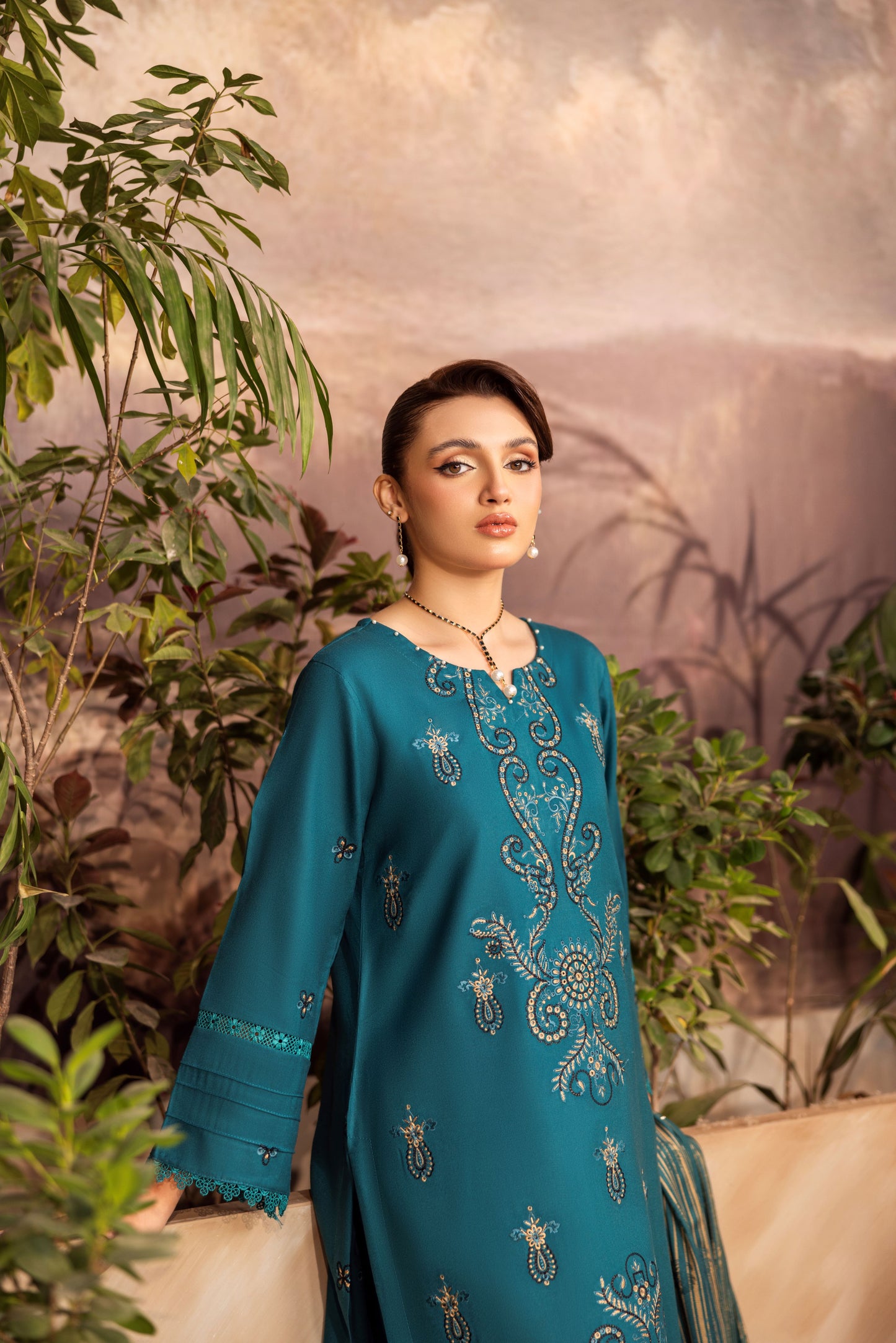 Embroidered Dhanak shirt with matching winter shawl