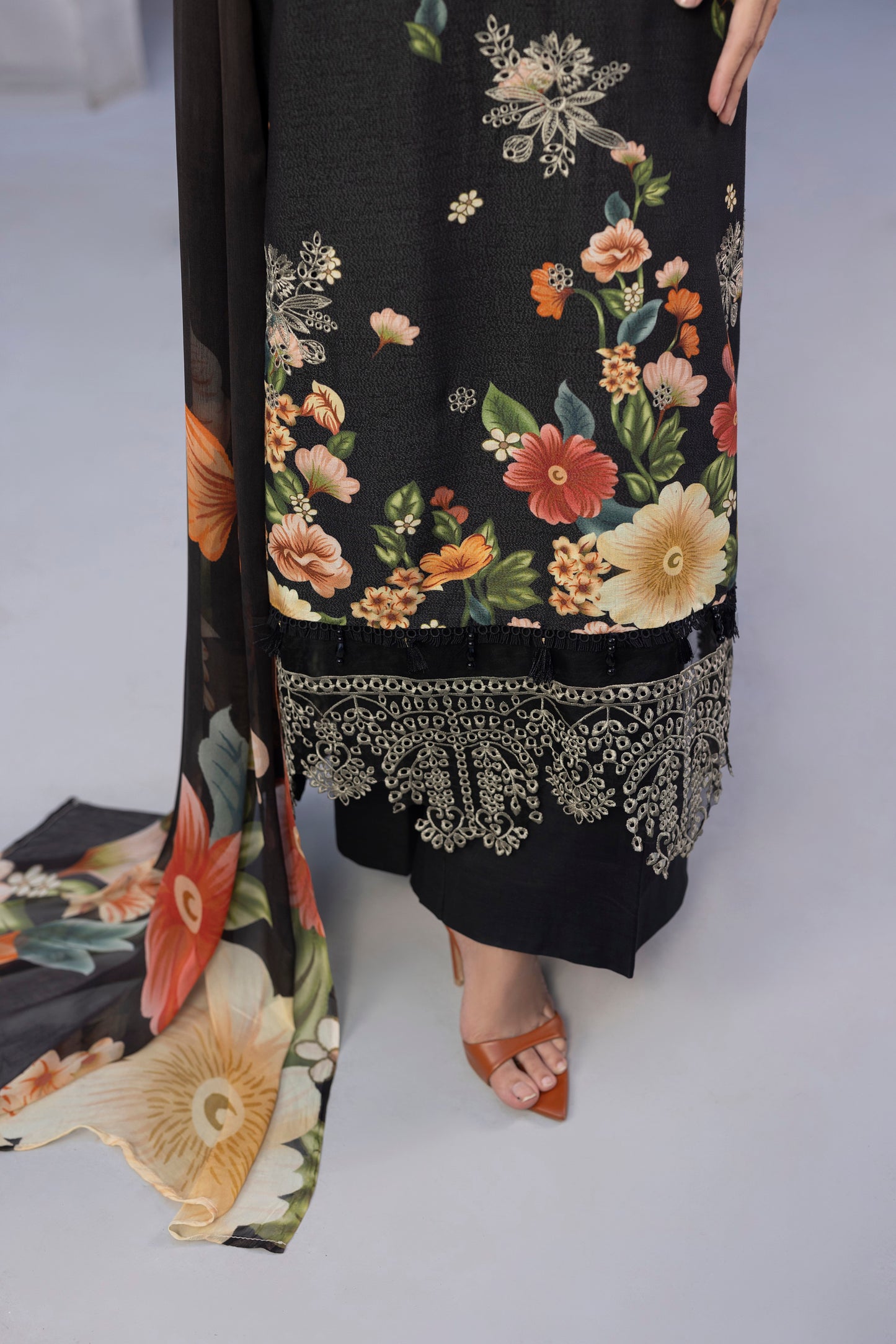 Elegant embroidered Karandi dress with chiffon dupatta and plain trouser for special occasions
