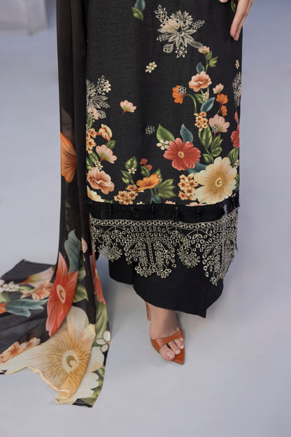 Elegant embroidered Karandi dress with chiffon dupatta and plain trouser for special occasions