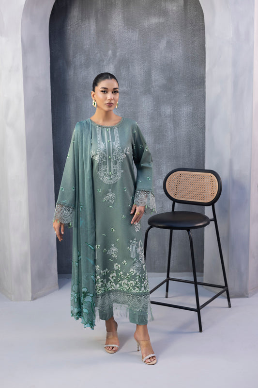 Trendy embroidered Karandi 3PC suit for women with chiffon dupatta and plain trouser