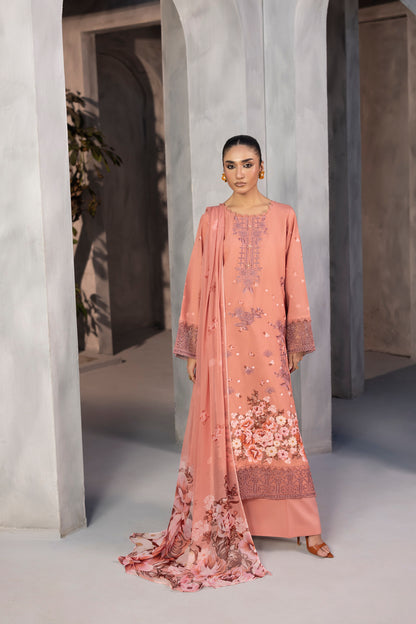 Traditional embroidered Karandi outfit with chiffon dupatta, perfect for cold-weather elegance