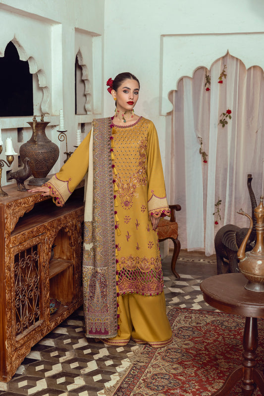 A polished ensemble uniting Marina wool textures, embroidered edges, and a meticulously woven Kashmiri shawl.