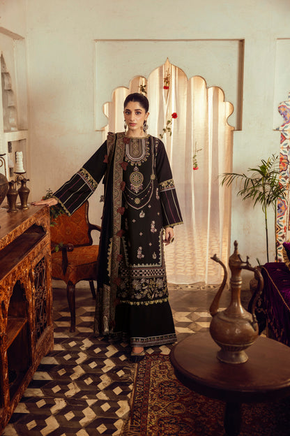 A prism-toned outfit with Marina wool detailing and a colorful handwoven shawl from Kashmir.